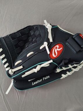 Rawlings Black and Teal Leather Palm Baseball Glove with White Laces